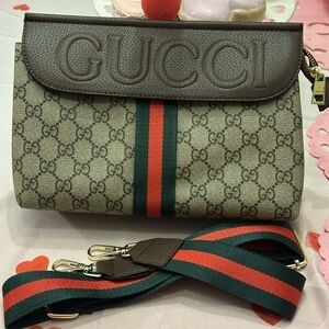 Beige and Brown Monogram Bag with Red and Green Stripe